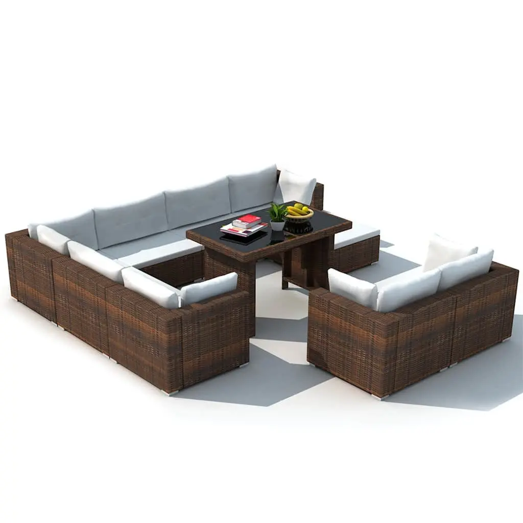 10 Piece Outdoor Garden Lounge Set with Cushions Poly Rattan Brown Furniture