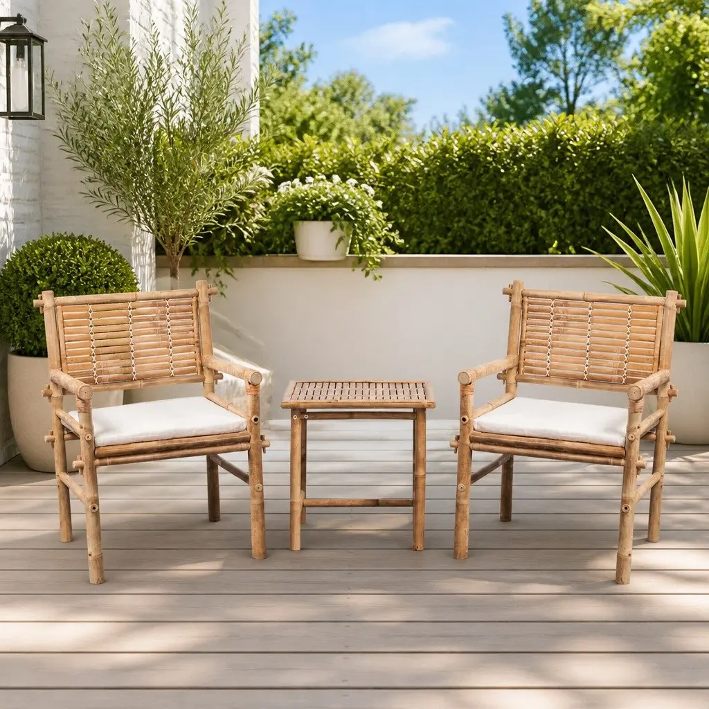 3 Piece Outdoor Bistro Set Weather-Resistant Brown Bamboo Table Chairs with Seat Cushions
