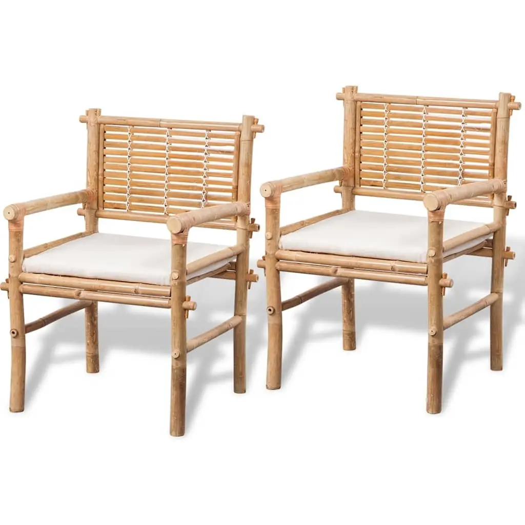 3 Piece Outdoor Bistro Set Weather-Resistant Brown Bamboo Table Chairs with Seat Cushions