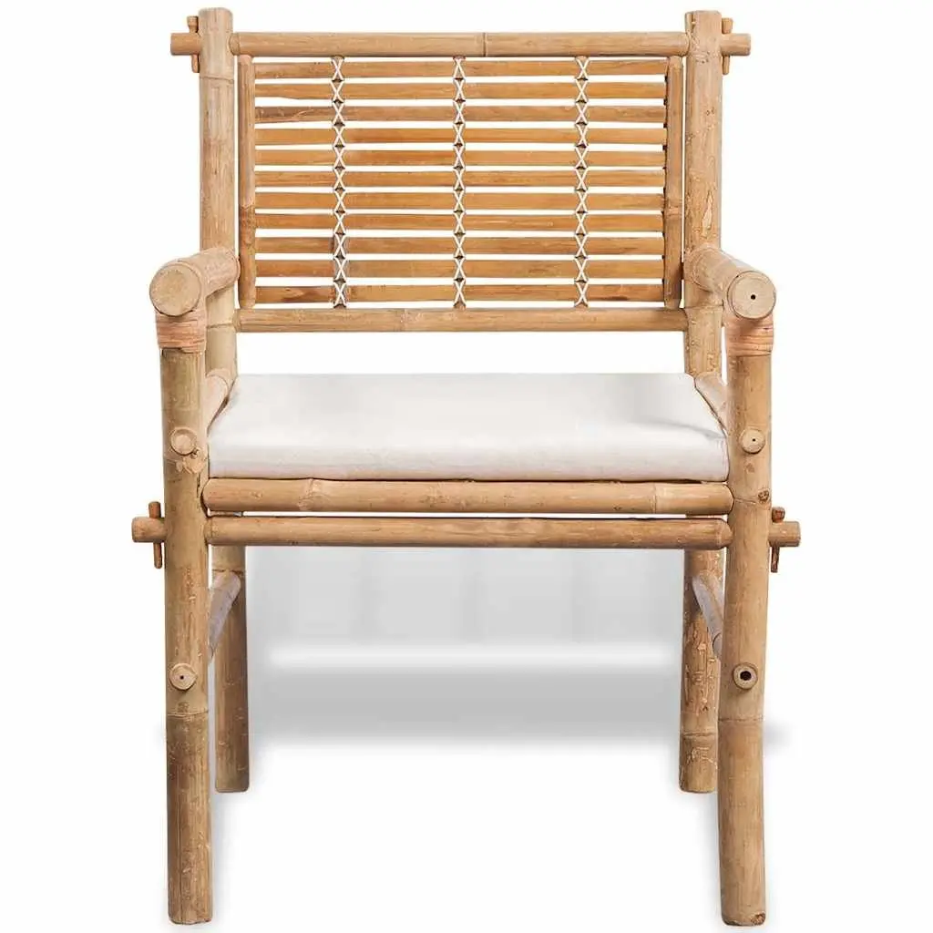 3 Piece Outdoor Bistro Set Weather-Resistant Brown Bamboo Table Chairs with Seat Cushions