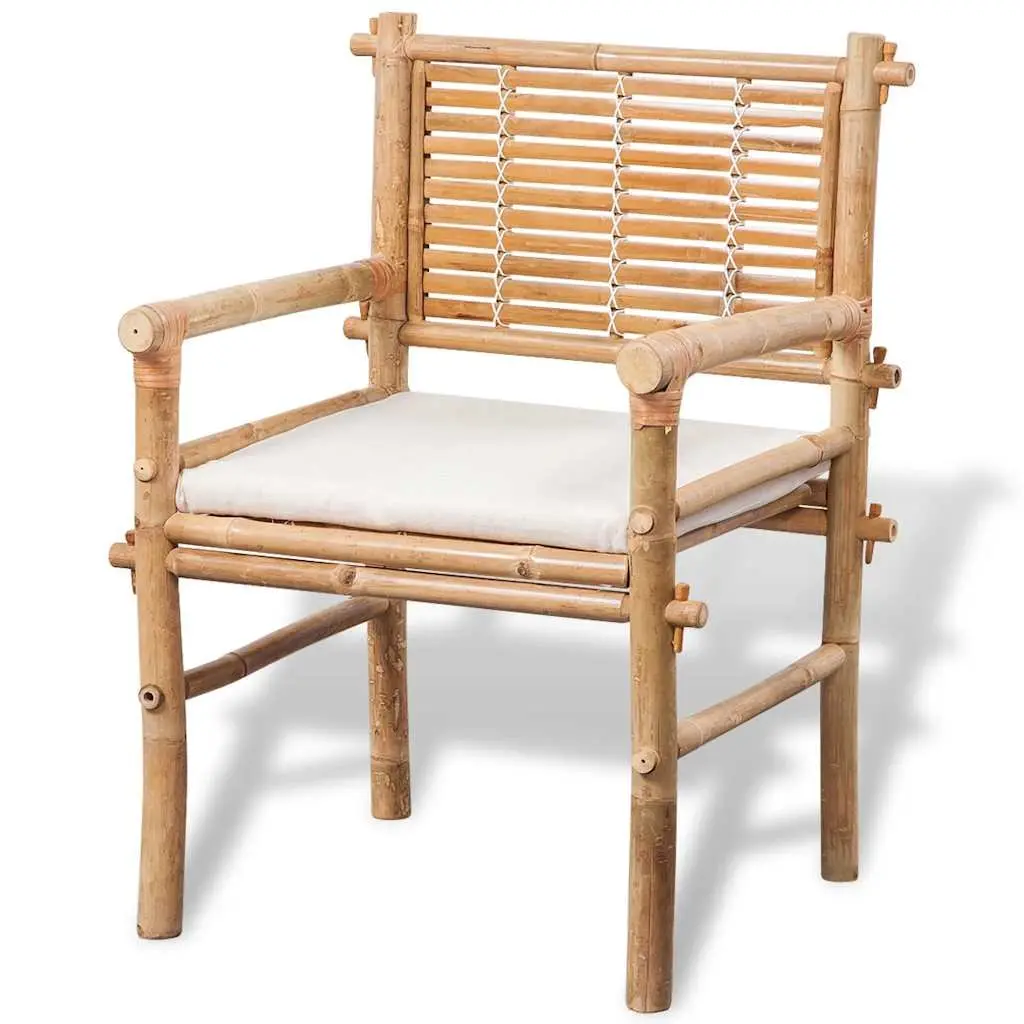 3 Piece Outdoor Bistro Set Weather-Resistant Brown Bamboo Table Chairs with Seat Cushions