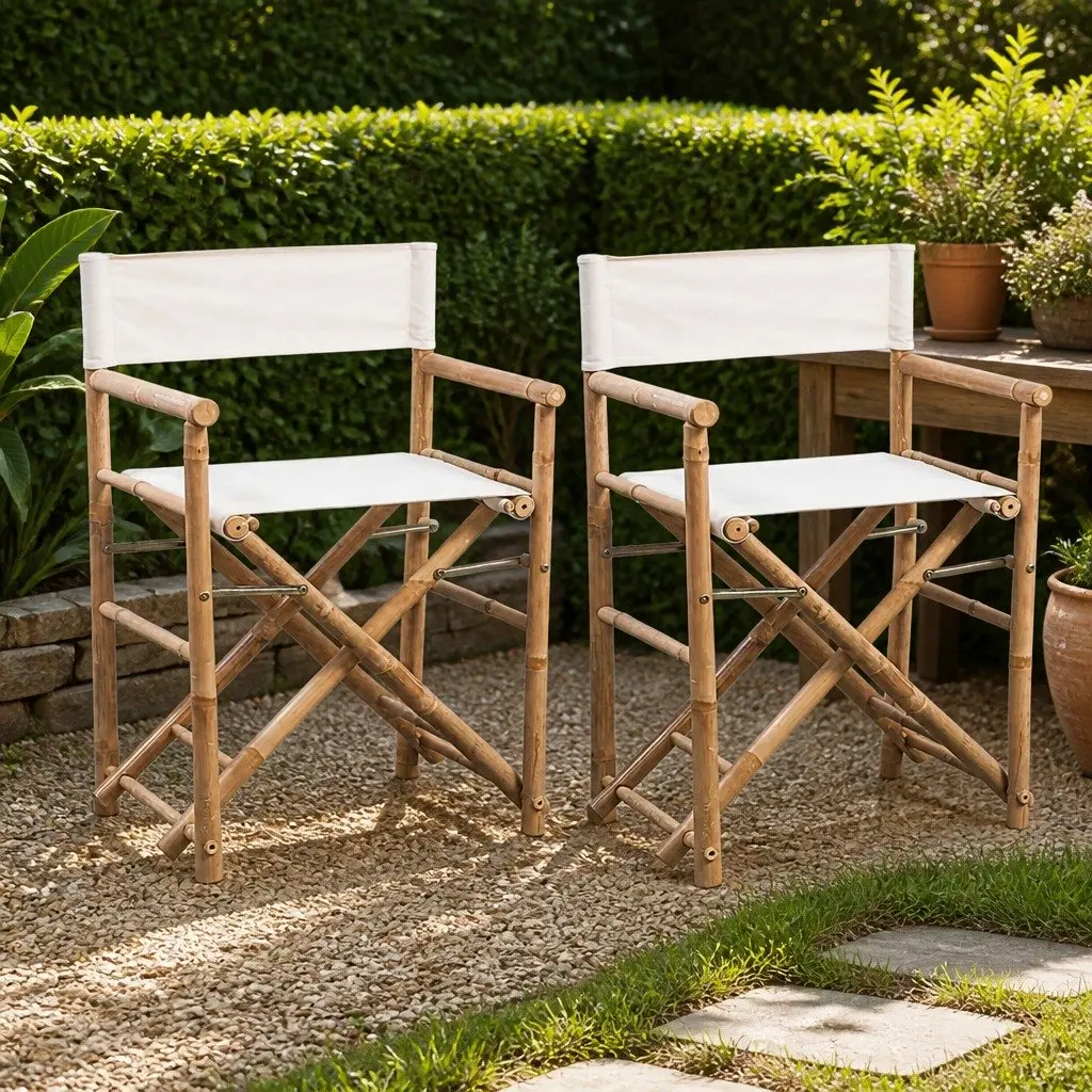 Bamboo Canvas Folding Chairs Set 2pcs Outdoor Patio Garden Seating