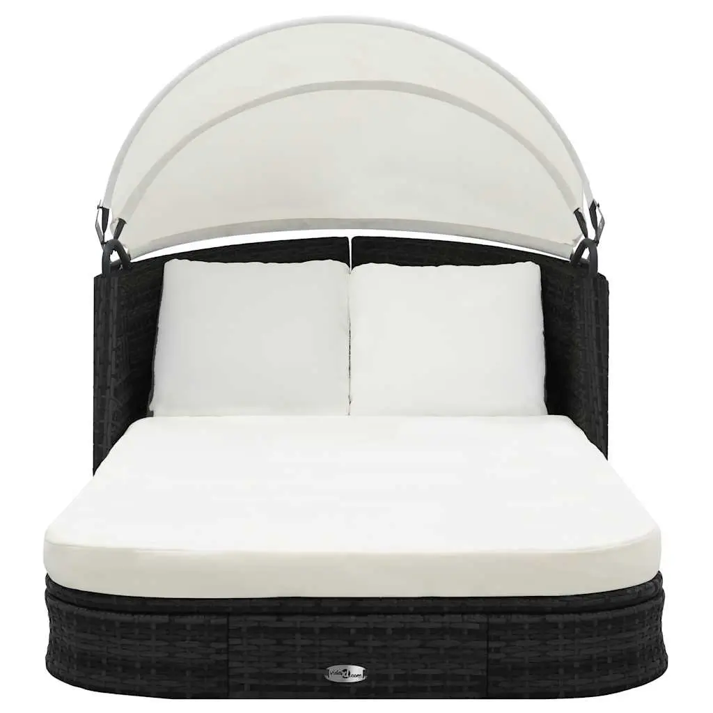 Outdoor Sun Lounger with Canopy Reclining Garden Patio Bed Poly Rattan Black