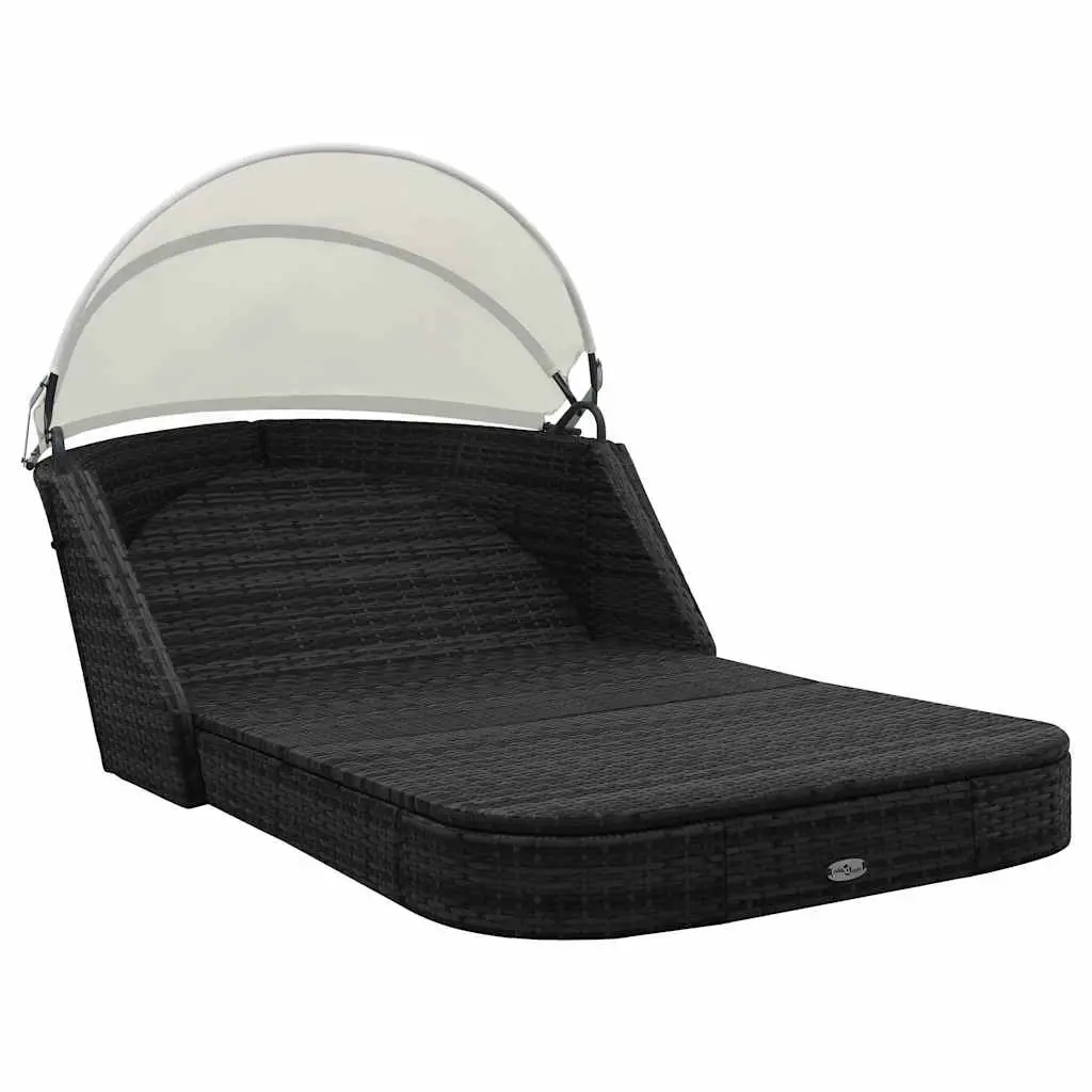 Outdoor Sun Lounger with Canopy Reclining Garden Patio Bed Poly Rattan Black