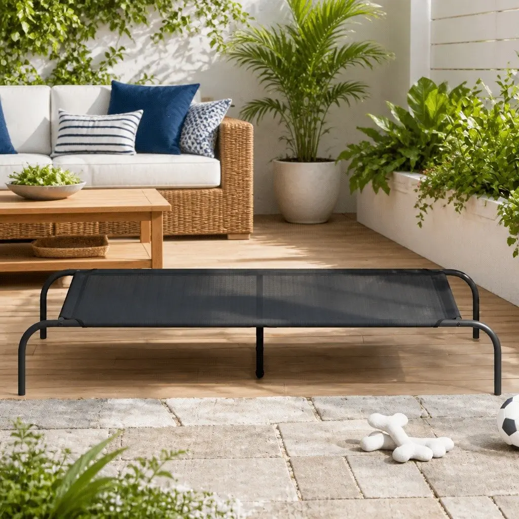 Elevated Dog Bed Black Textilene Mesh Portable Indoor Outdoor Steel Frame 130 x 80 x 20 cm