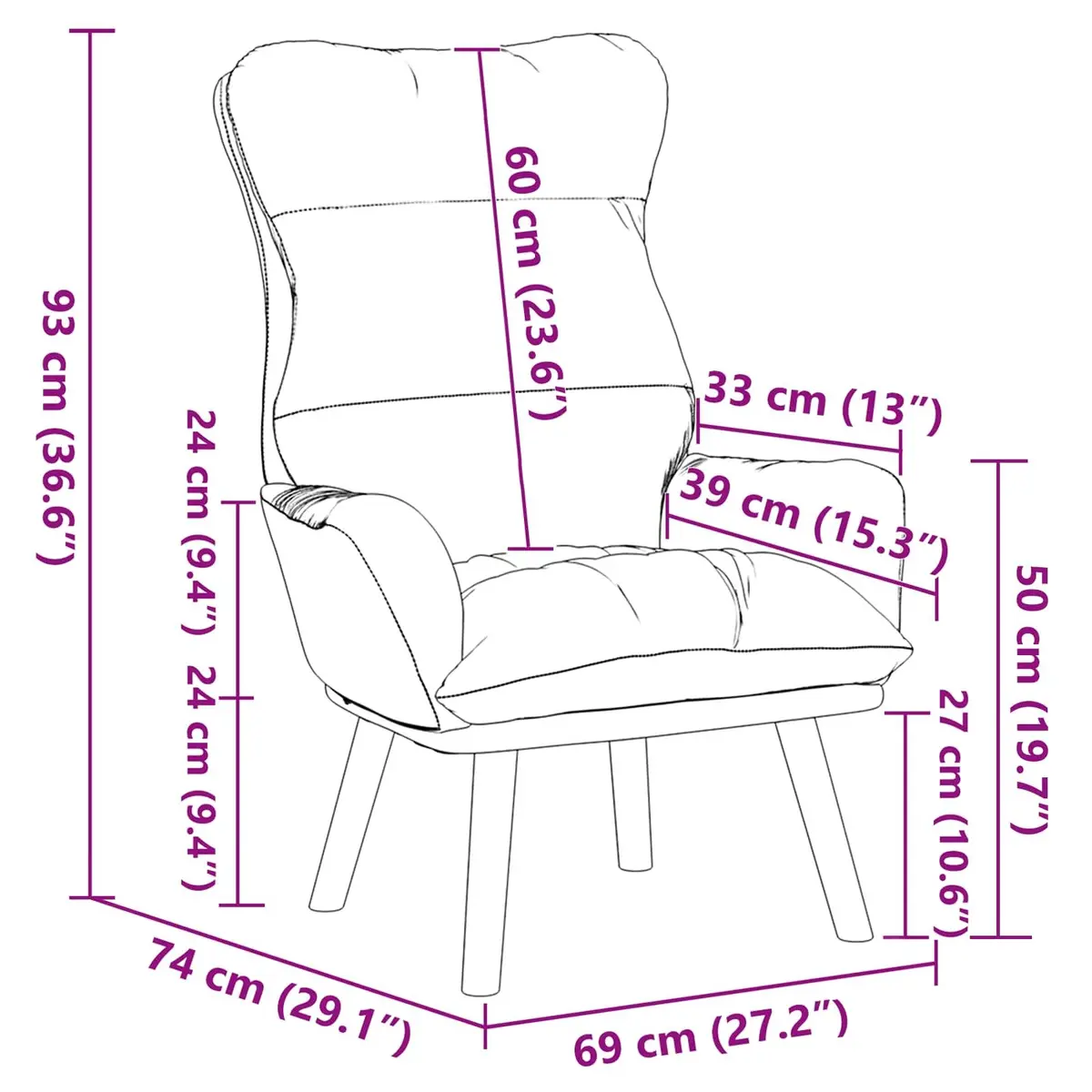 Armchair Black Velvet Modern Relaxing Chair Padded Armrests 69 x 74 x 93 cm