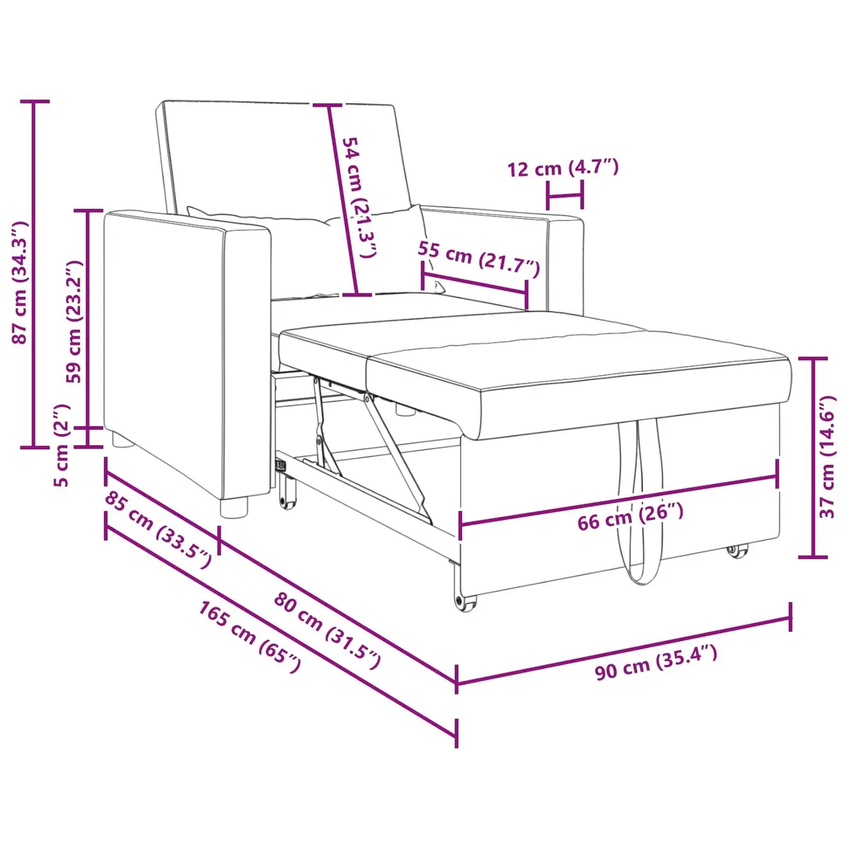 Convertible Sofa Bed Grey 90x165x87cm 3-in-1 Pull Out Armchair Recliner