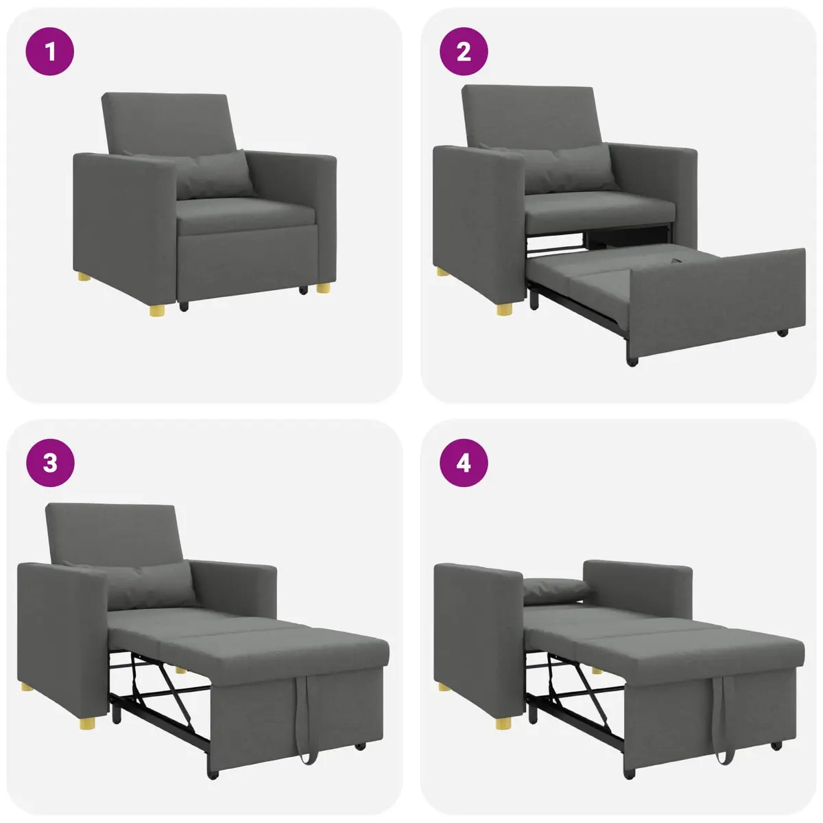 Convertible Sofa Bed Grey 90x165x87cm 3-in-1 Pull Out Armchair Recliner