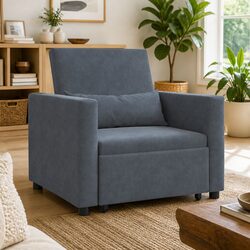 Single Sofa Bed Pull Out with Wheels Convertible Chair Recliner Grey Velvet