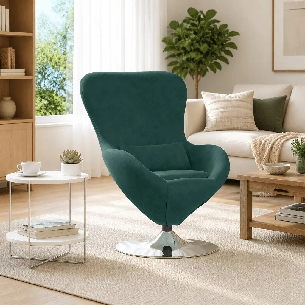 Egg Chair Swivel Velvet Upholstered Modern Lounge Chair Dark Green