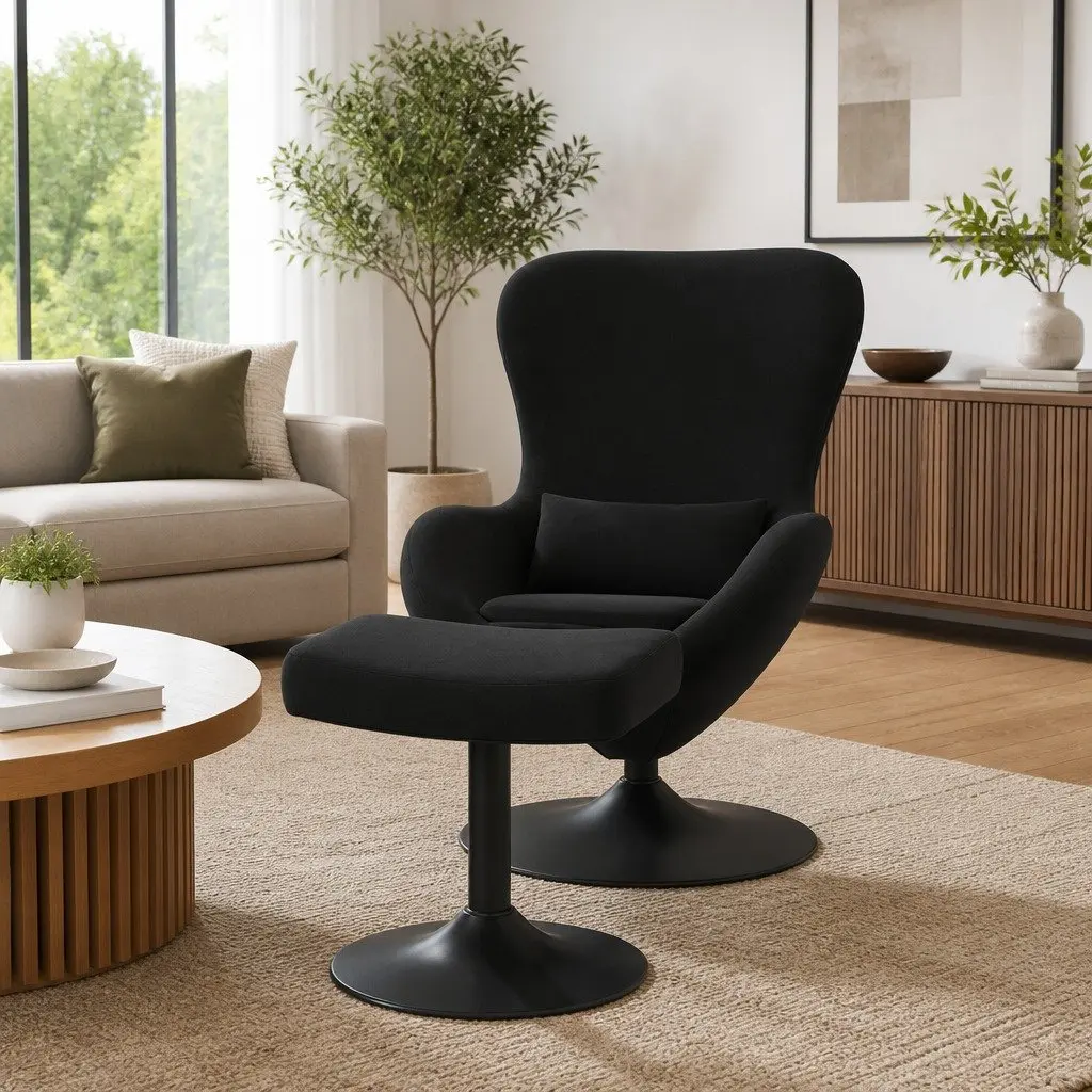 Egg Chair Lounge Swivel Armchair Black Velvet Modern Design Footstool Bedroom