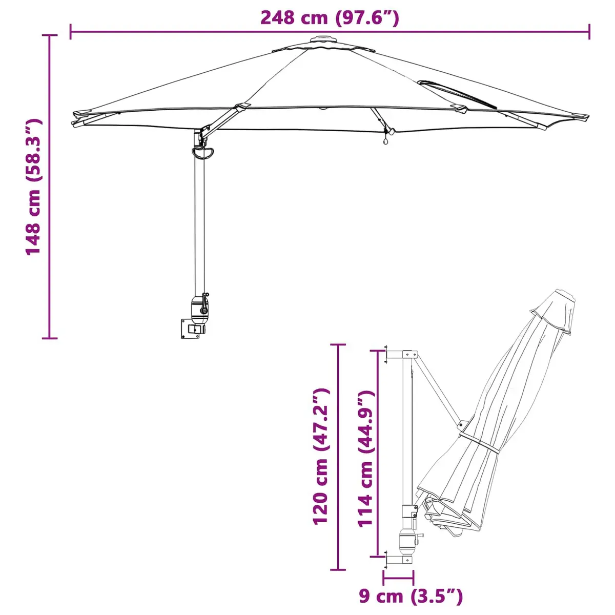 Garden Parasol Adjustable Tilt 248cm Brown Polyester Steel Frame Solar LED
