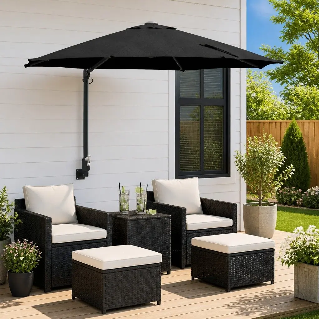 Garden Parasol Adjustable Tilt 248cm Black Outdoor Shade with Solar LED Lights