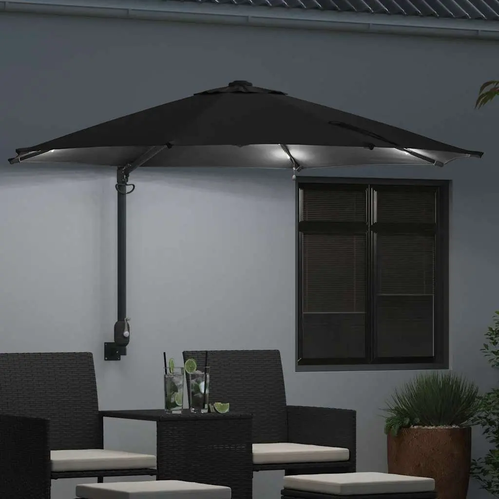 Garden Parasol Adjustable Tilt 248cm Black Outdoor Shade with Solar LED Lights