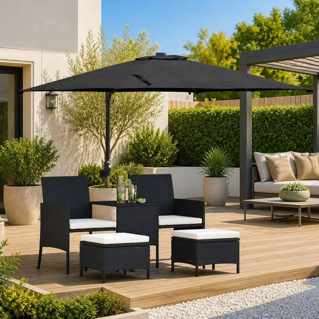 Garden Parasol Cantilever Umbrella Outdoor Shade Black 248.5cm UV-Resistant Polyester Canopy Adjustable Tilt Solar LED Lights
