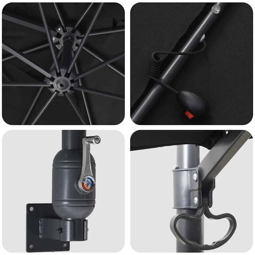 Garden Parasol Cantilever Umbrella Outdoor Shade Black 248.5cm UV-Resistant Polyester Canopy Adjustable Tilt Solar LED Lights