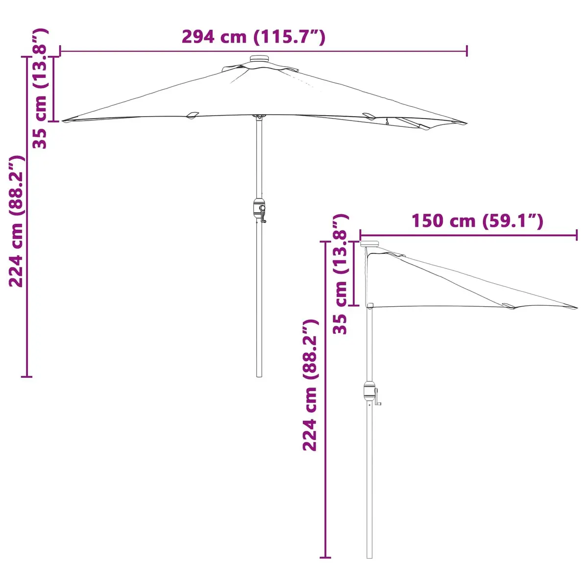 Garden Parasol Outdoor Umbrella UV-resistant Polyester Fabric Manual Crank 294x150x224cm Brown