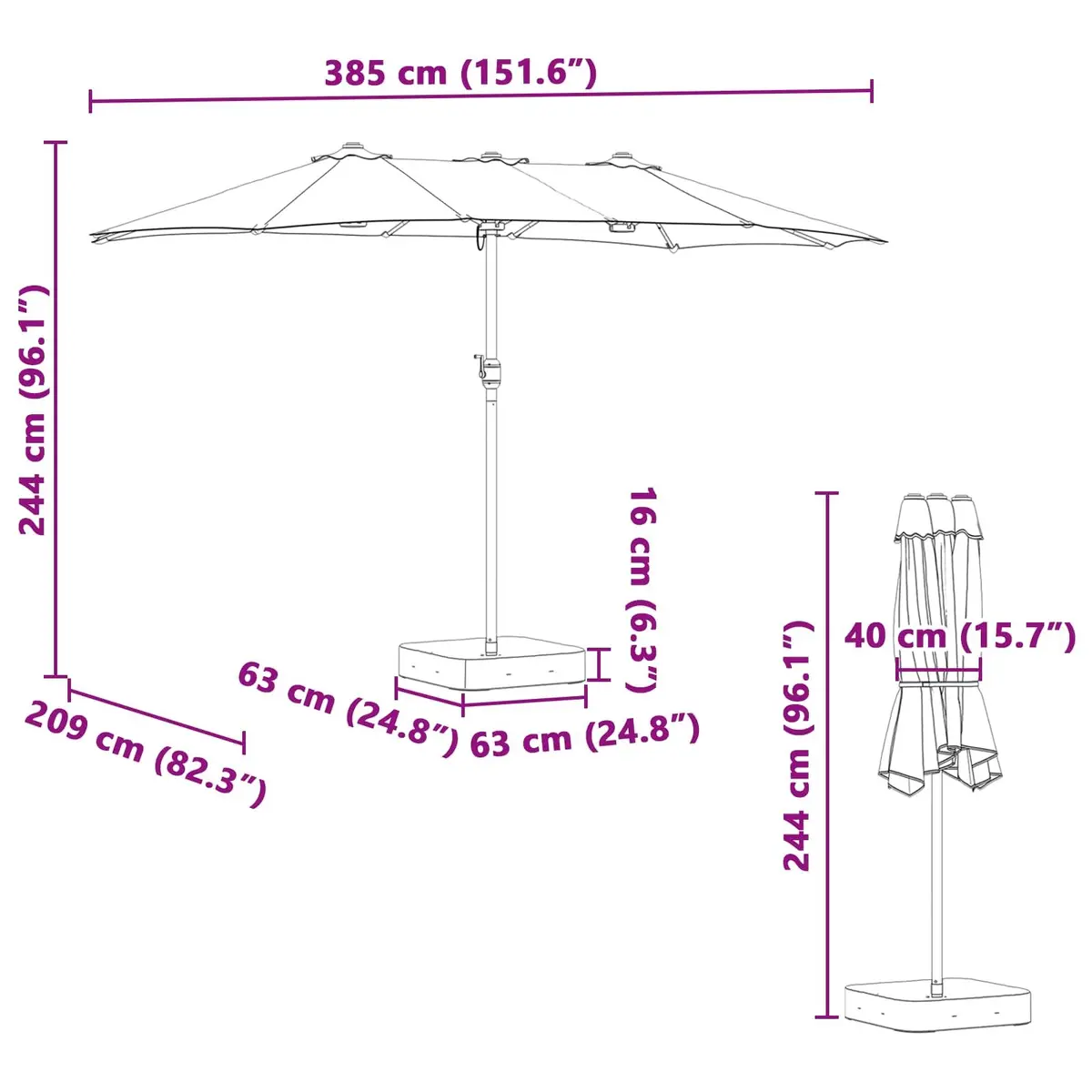 Garden Parasol Solar LED Anthracite 385 x 209 x 244 cm Crank Outdoor Umbrella