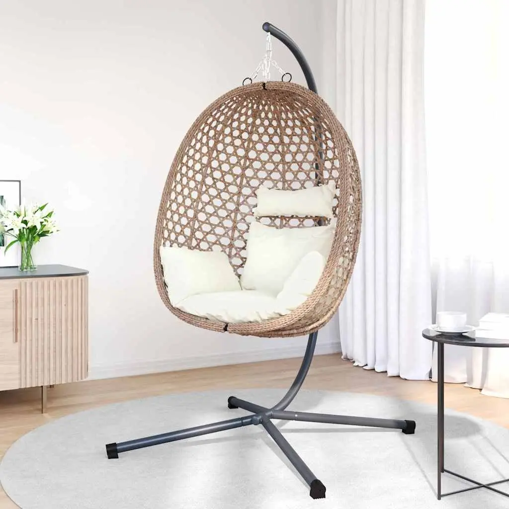 Hanging Egg Chair with Stand Cream Poly Rattan Indoor Outdoor
