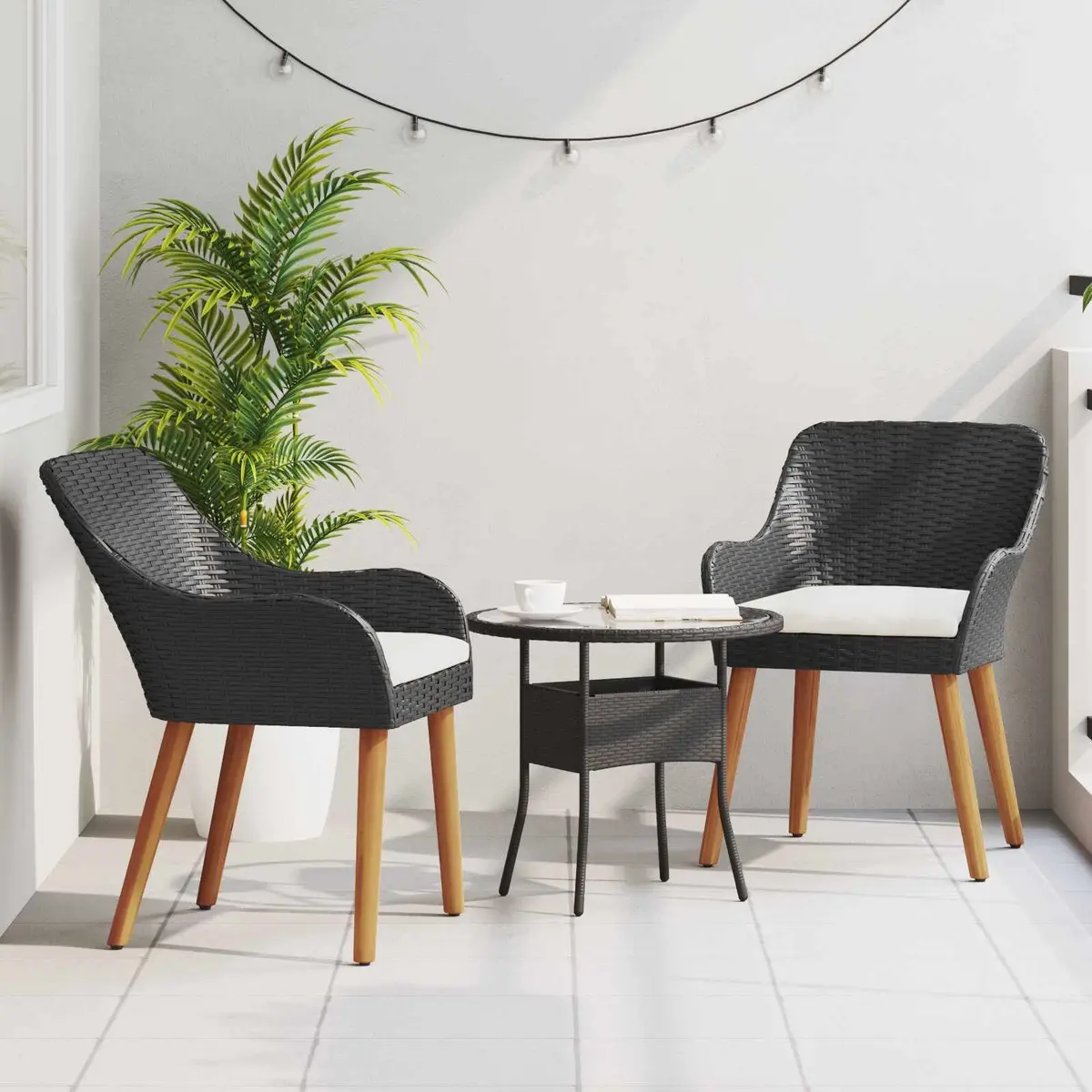 Outdoor Garden Chair Set Black Poly Rattan Acacia Wood Legs 2pcs