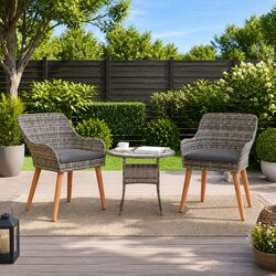 Outdoor Garden Chair Set 2 pcs Grey Poly Rattan Acacia Wood Legs Patio Seating