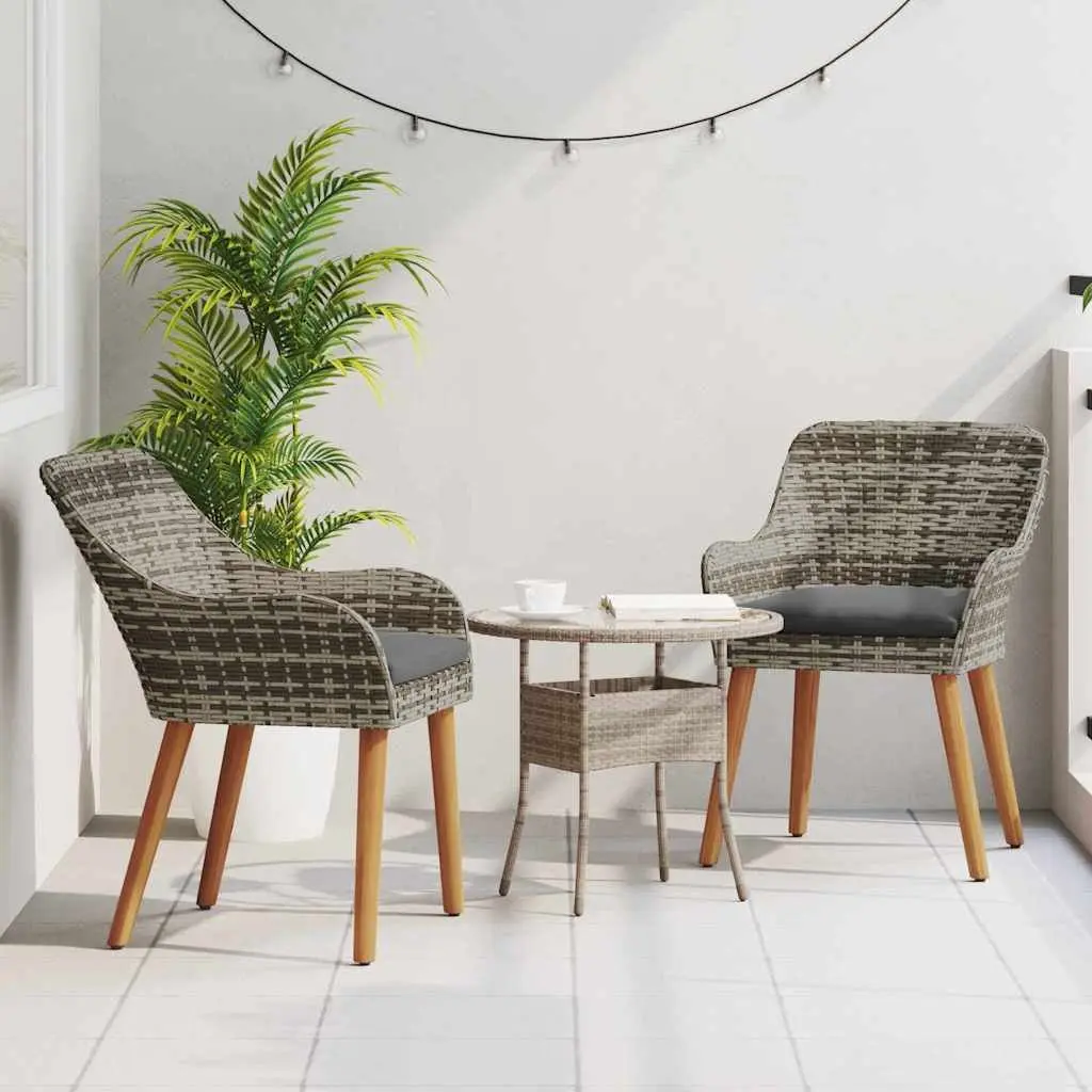 Outdoor Garden Chair Set 2 pcs Grey Poly Rattan Acacia Wood Legs Patio Seating