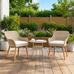 Outdoor Garden Chair Set 2 pcs Beige Poly Rattan Acacia Wood Legs Patio Seating