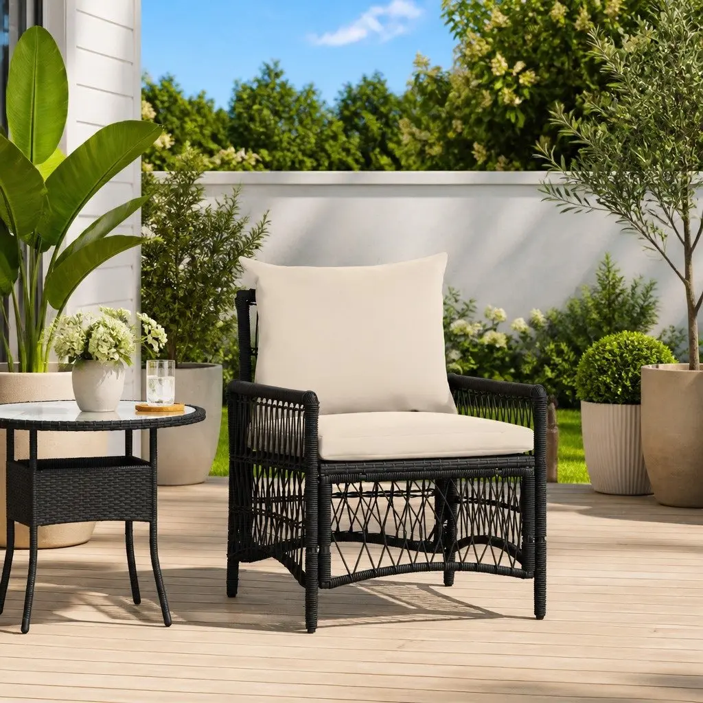 Outdoor Garden Chair with Cushion Black Poly Rattan Patio Seating Weather