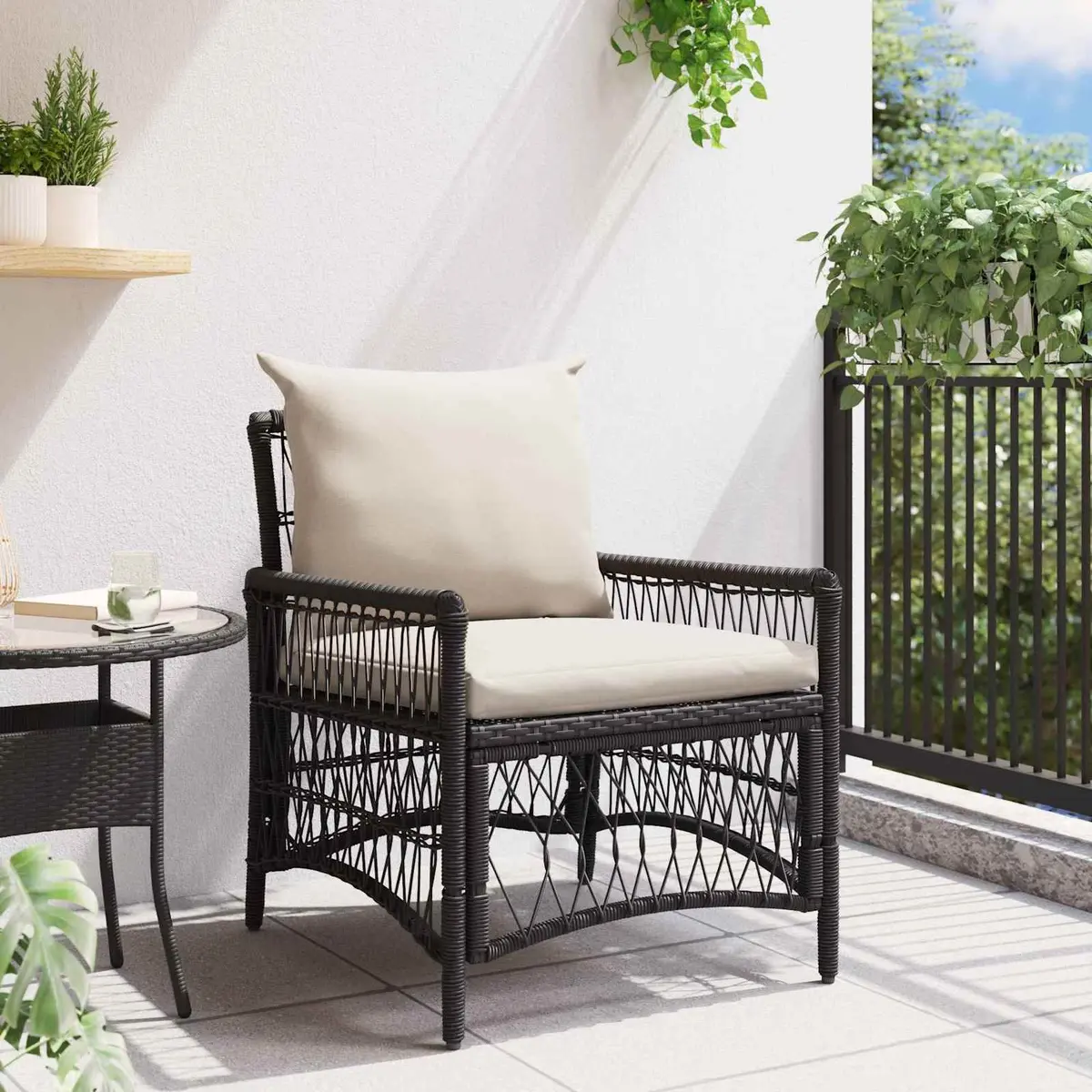 Outdoor Garden Chair with Cushion Black Poly Rattan Patio Seating Weather