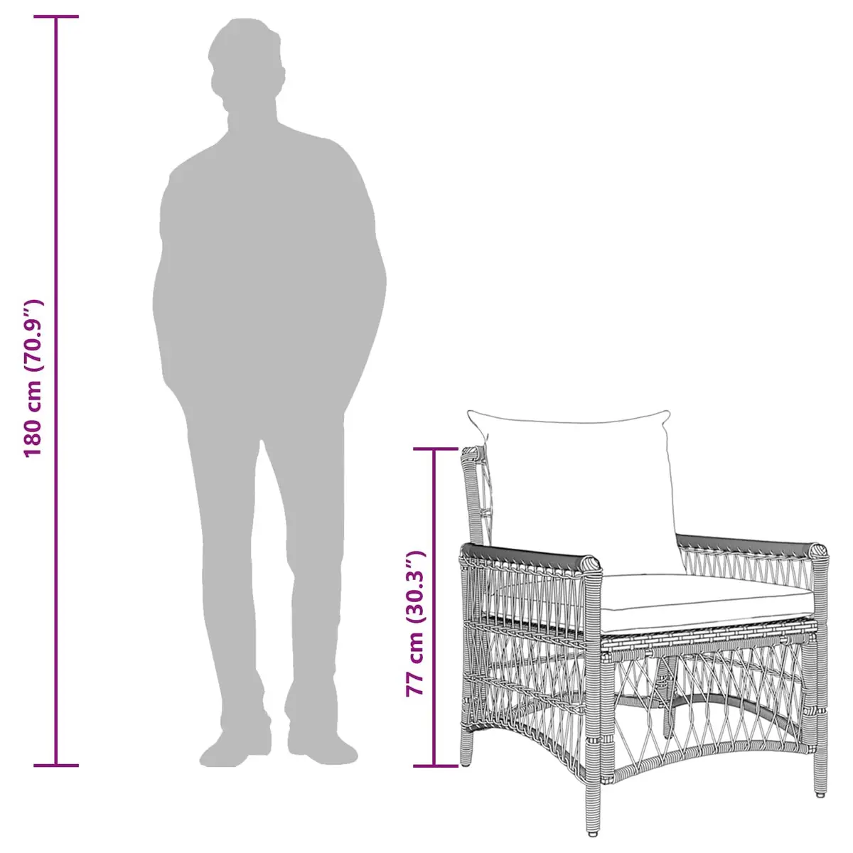 Garden Chair Grey Poly Rattan with Cushion Outdoor Seating Size 73 x 61 x 77 cm