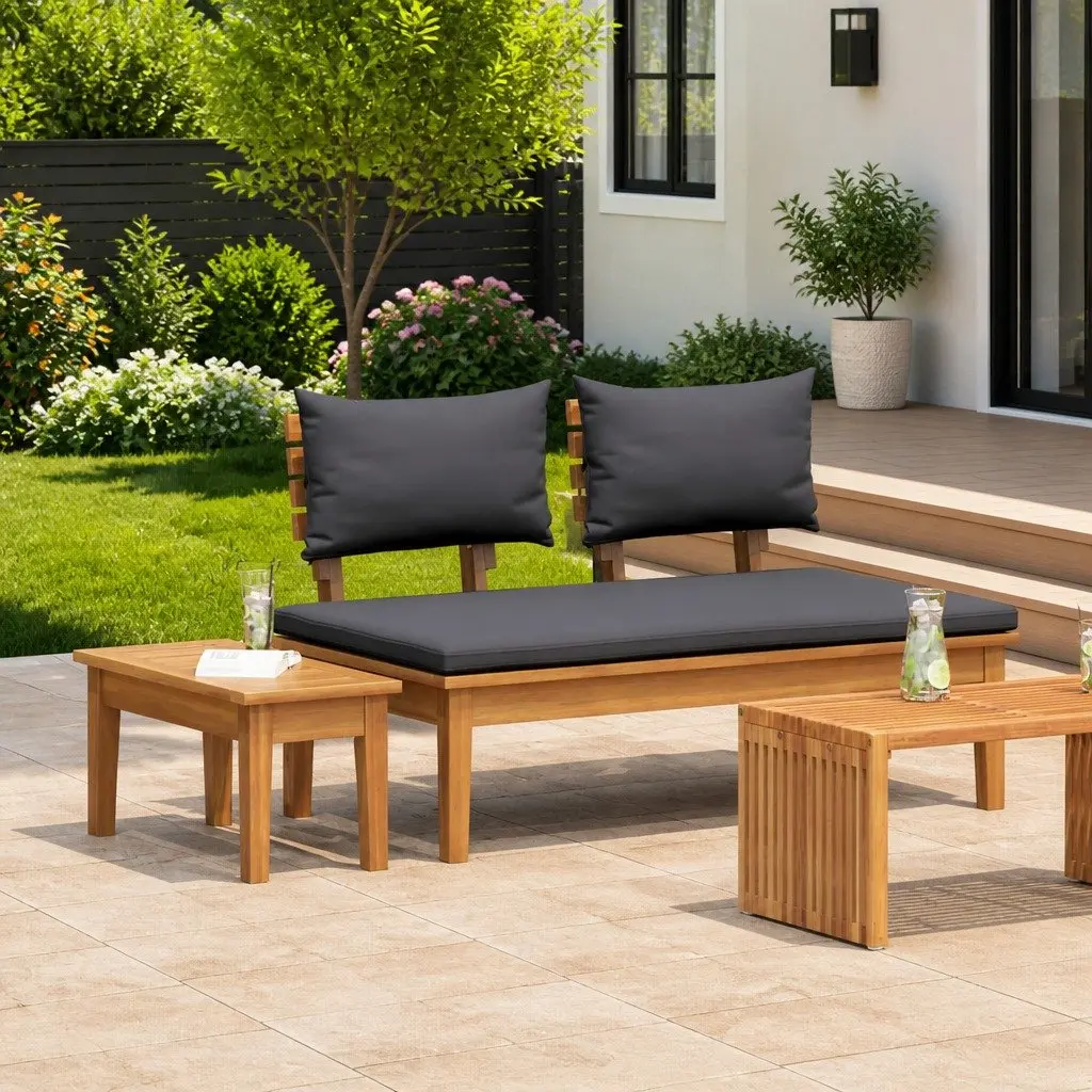 Outdoor Garden Bench and Table Set 2pc Grey Teak Wood Patio Furniture Modern
