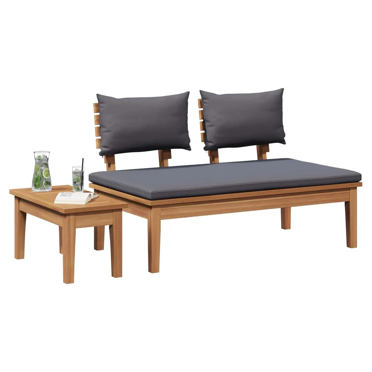 Outdoor Garden Bench and Table Set 2pc Grey Teak Wood Patio Furniture Modern
