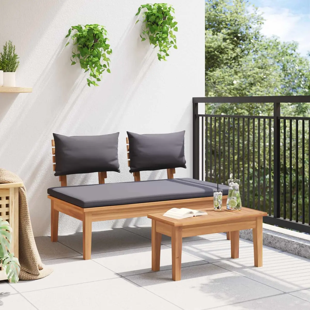Outdoor Garden Bench and Table Set 2pc Grey Teak Wood Patio Furniture Modern