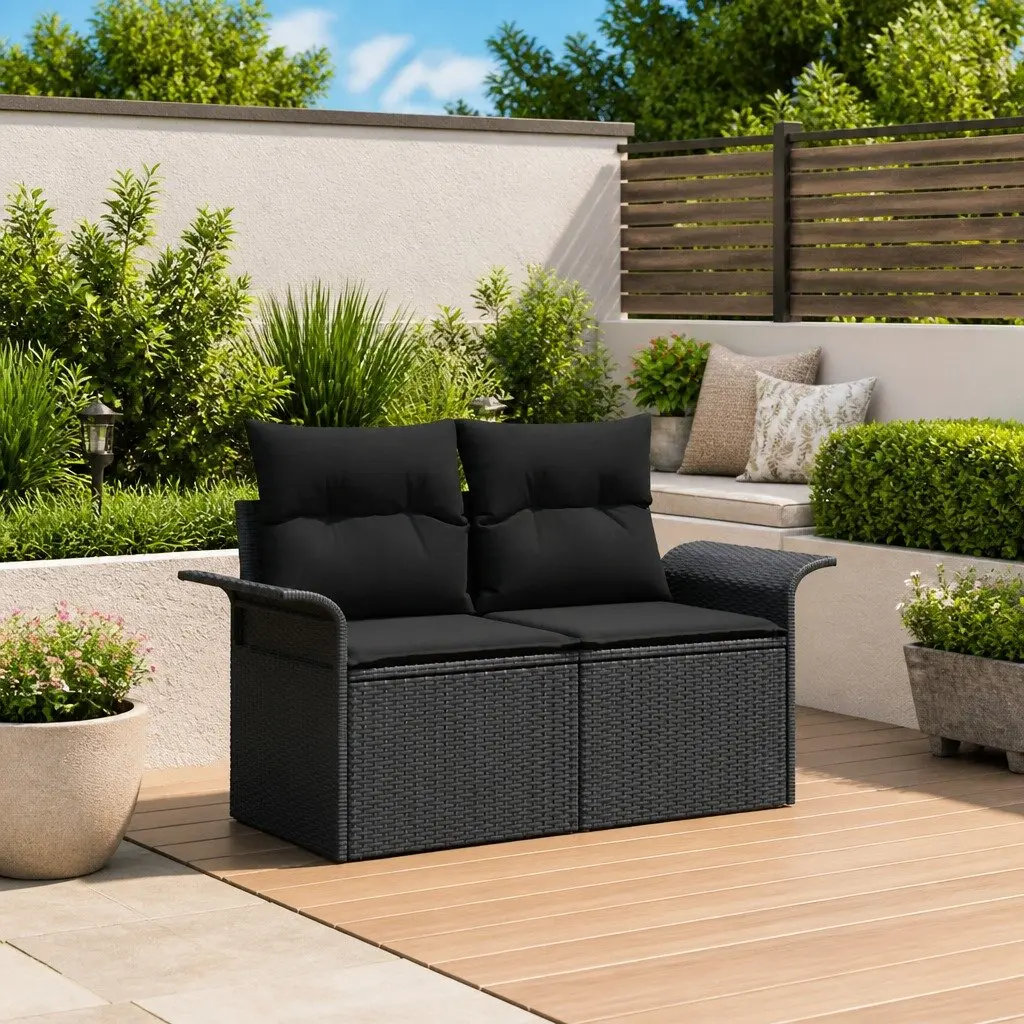Outdoor Garden Sofa Black Poly Rattan Weather-Resistant with Cushion 141 x 62 x 69 cm