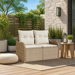 Outdoor Garden Sofa with Cushion Beige Poly Rattan Patio Seating Furniture