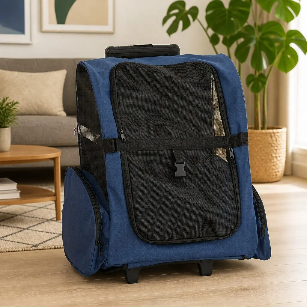 Pet Carrier Rolling Backpack Convertible Trolley Handbag Blue with Mesh Windows