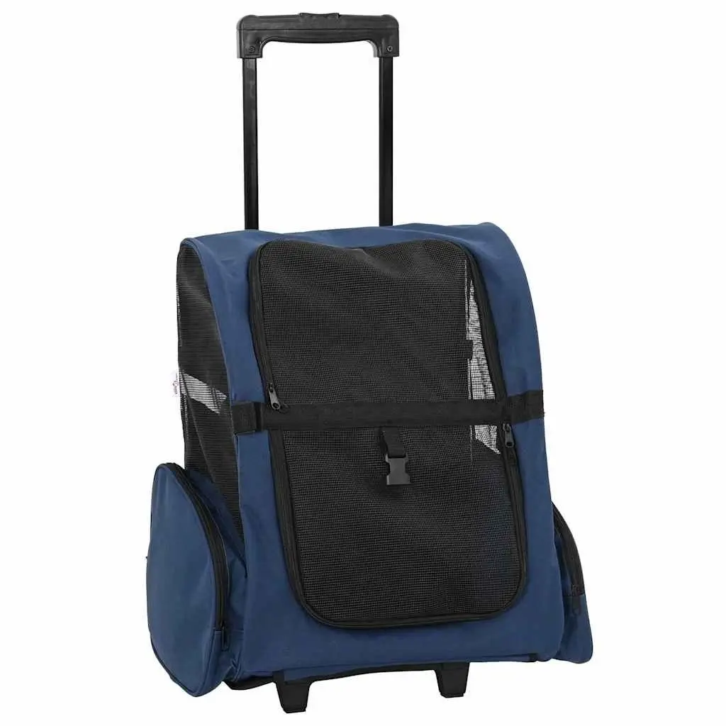 Pet Carrier Rolling Backpack Convertible Trolley Handbag Blue with Mesh Windows