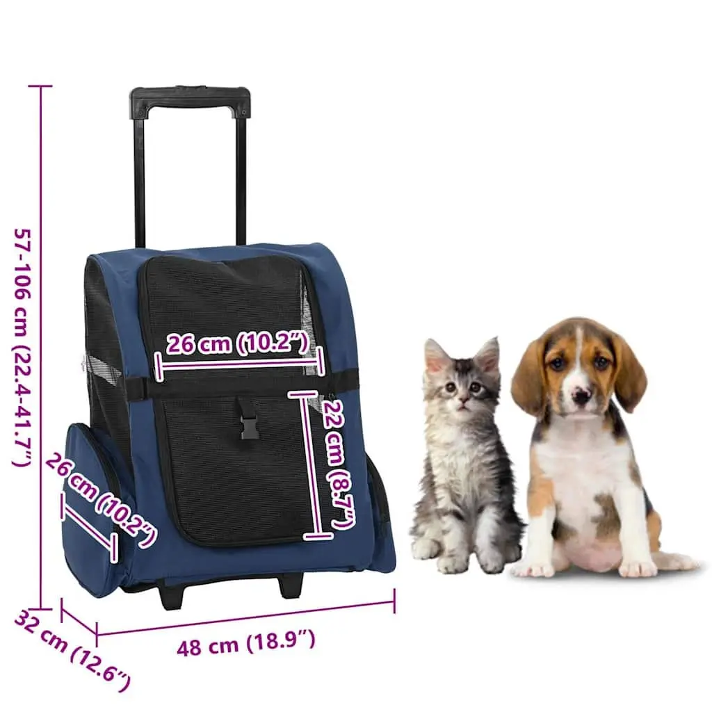 Pet Carrier Rolling Backpack Convertible Trolley Handbag Blue with Mesh Windows