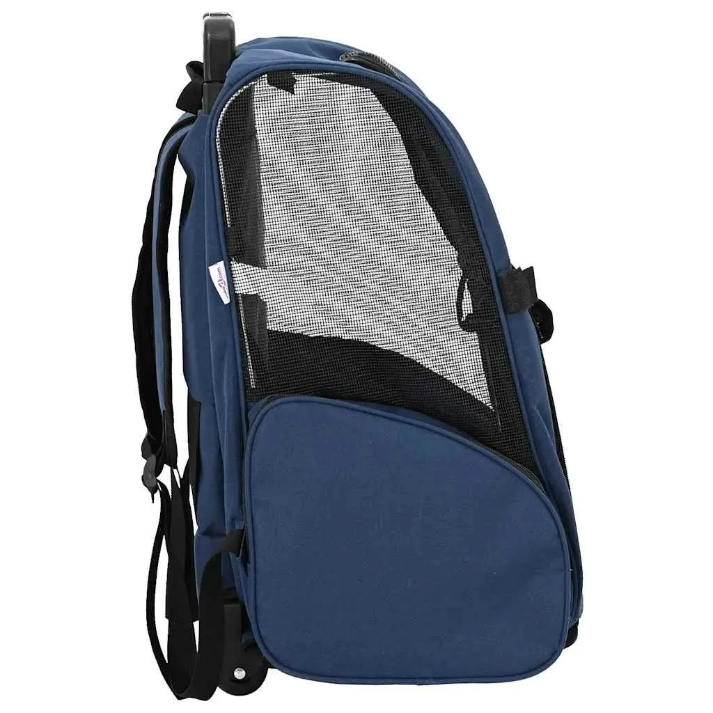Pet Carrier Rolling Backpack Convertible Trolley Handbag Blue with Mesh Windows