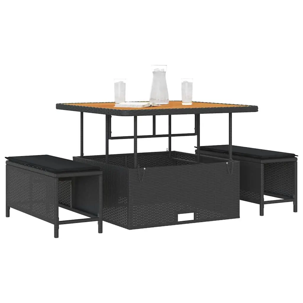 Outdoor Garden Dining Set Black Poly Rattan Furniture with Acacia Wood Table and Padded Cushions