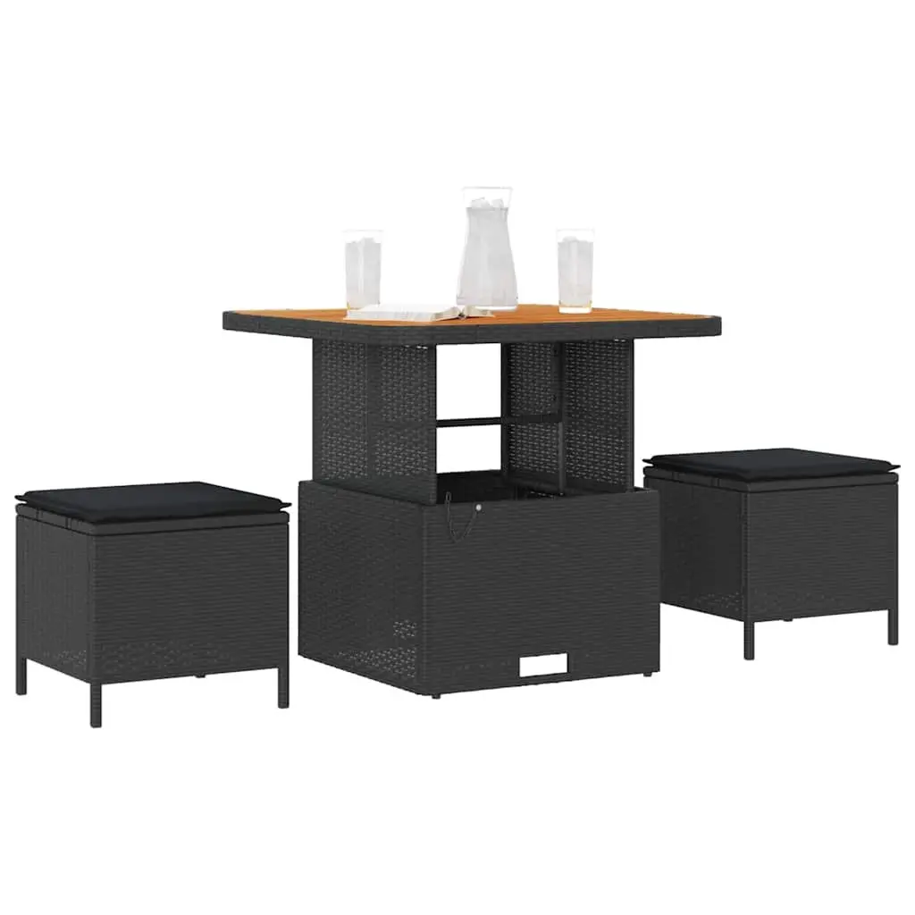 Garden Dining Set Black Poly Rattan Outdoor Furniture with Acacia Wood Surfaces
