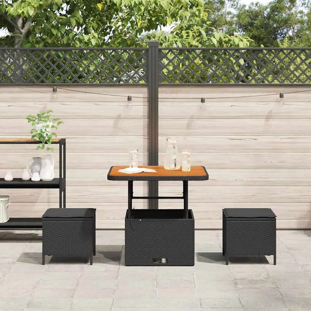 Garden Dining Set Black Poly Rattan Outdoor Furniture with Acacia Wood Surfaces