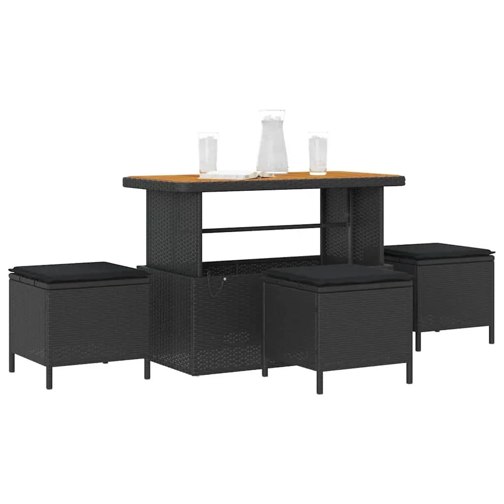 Garden Dining Set Black Poly Rattan Acacia Wood Outdoor Furniture