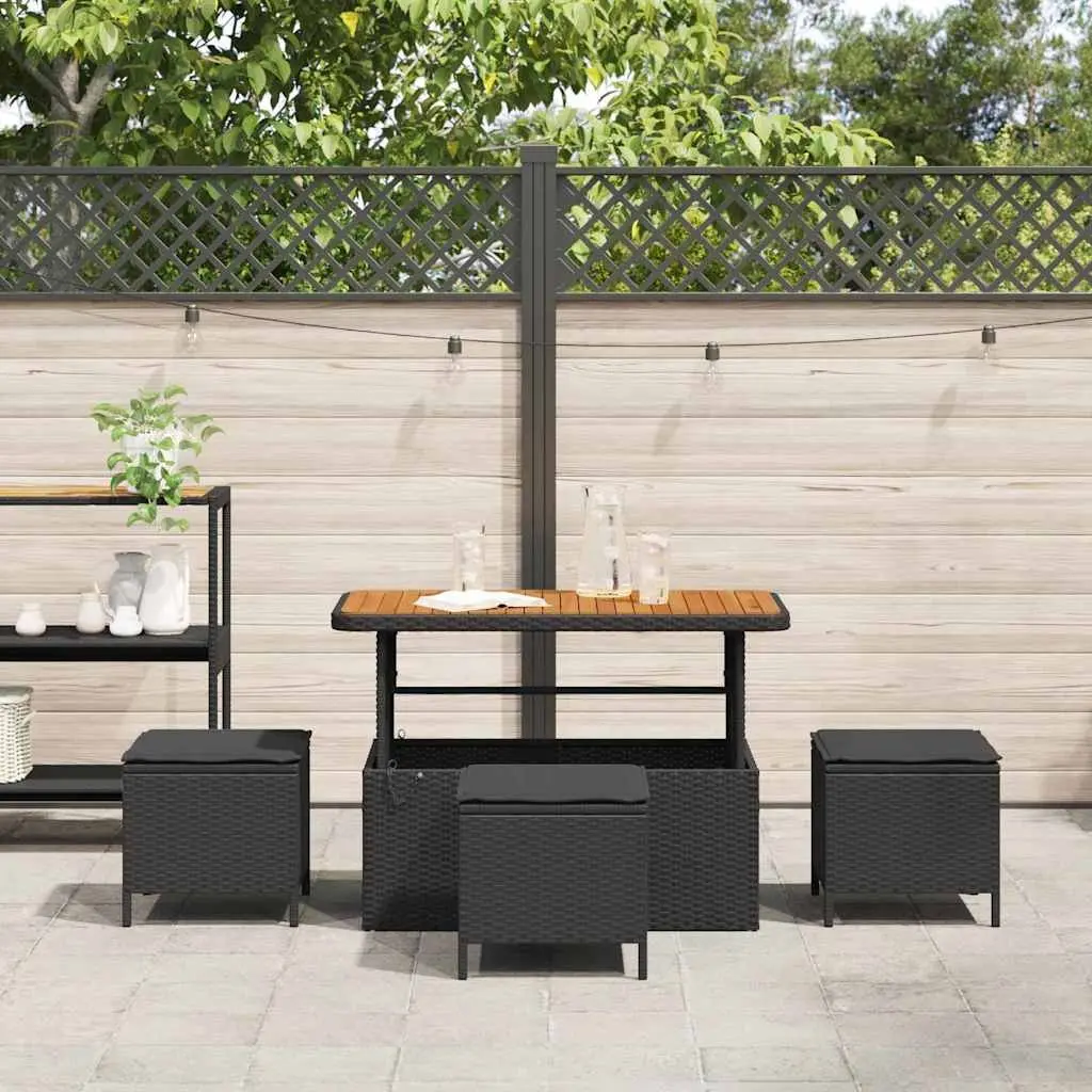 Garden Dining Set Black Poly Rattan Acacia Wood Outdoor Furniture