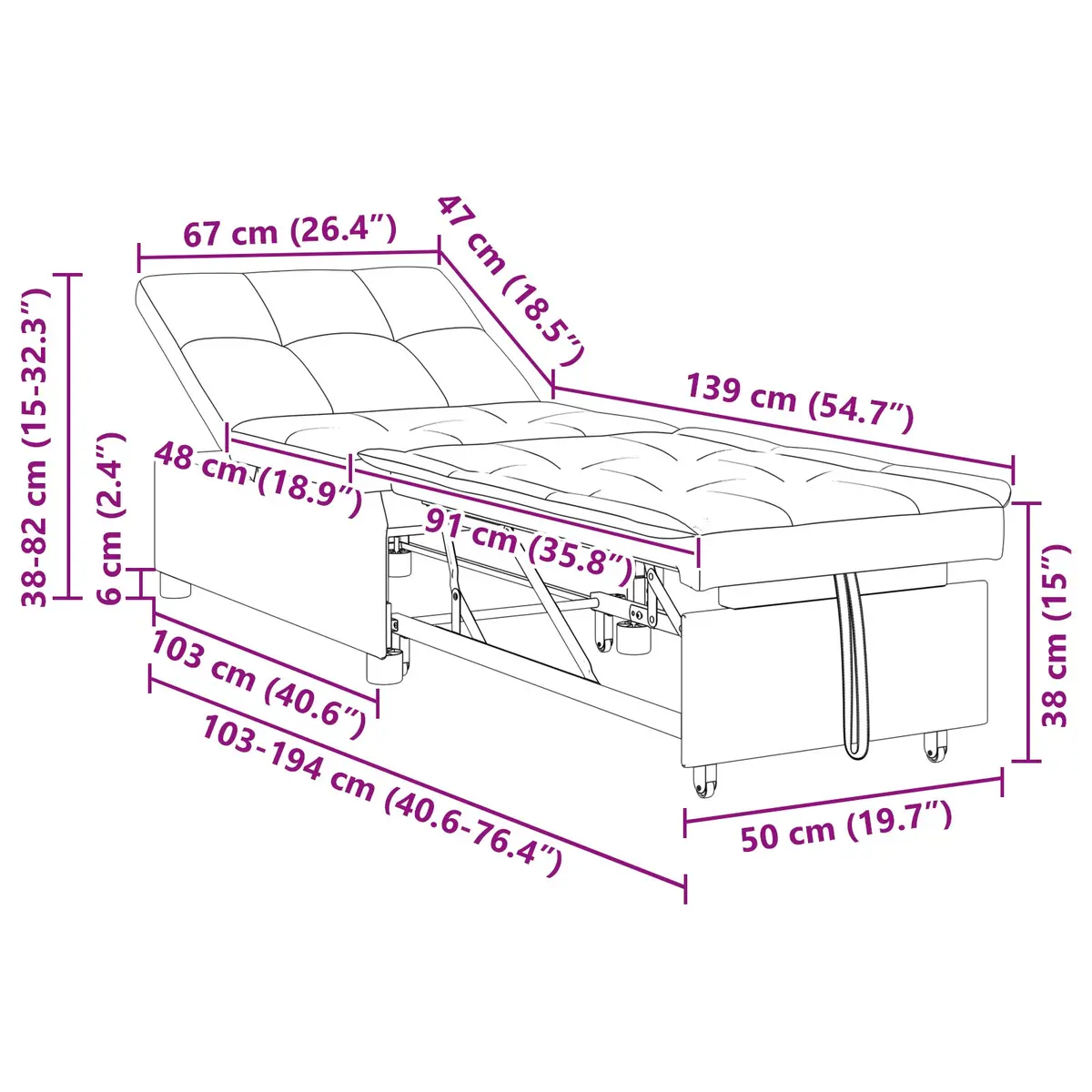 Pull Out Sofa Bed Grey Modern Convertible Single Sleeper 194 x 50 x 82 cm