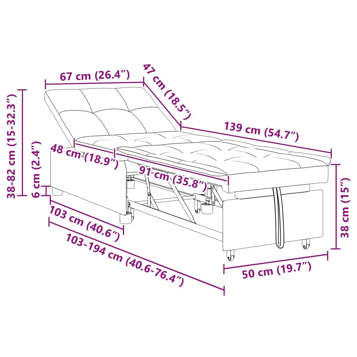 Sofa Bed Black 194 x 67 x 82 cm Convertible Lounge Modern Living Room Furniture