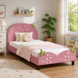 Kids Bed Frame with Headboard Pink 90 x 190 cm Velvet Upholstered Children's