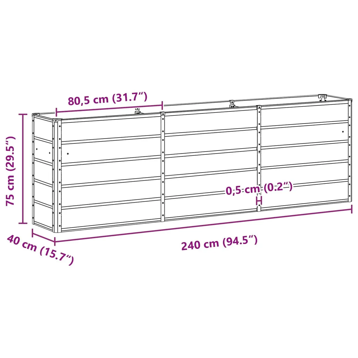 Steel Garden Planter Light Grey 240x40x75cm Indoor Outdoor