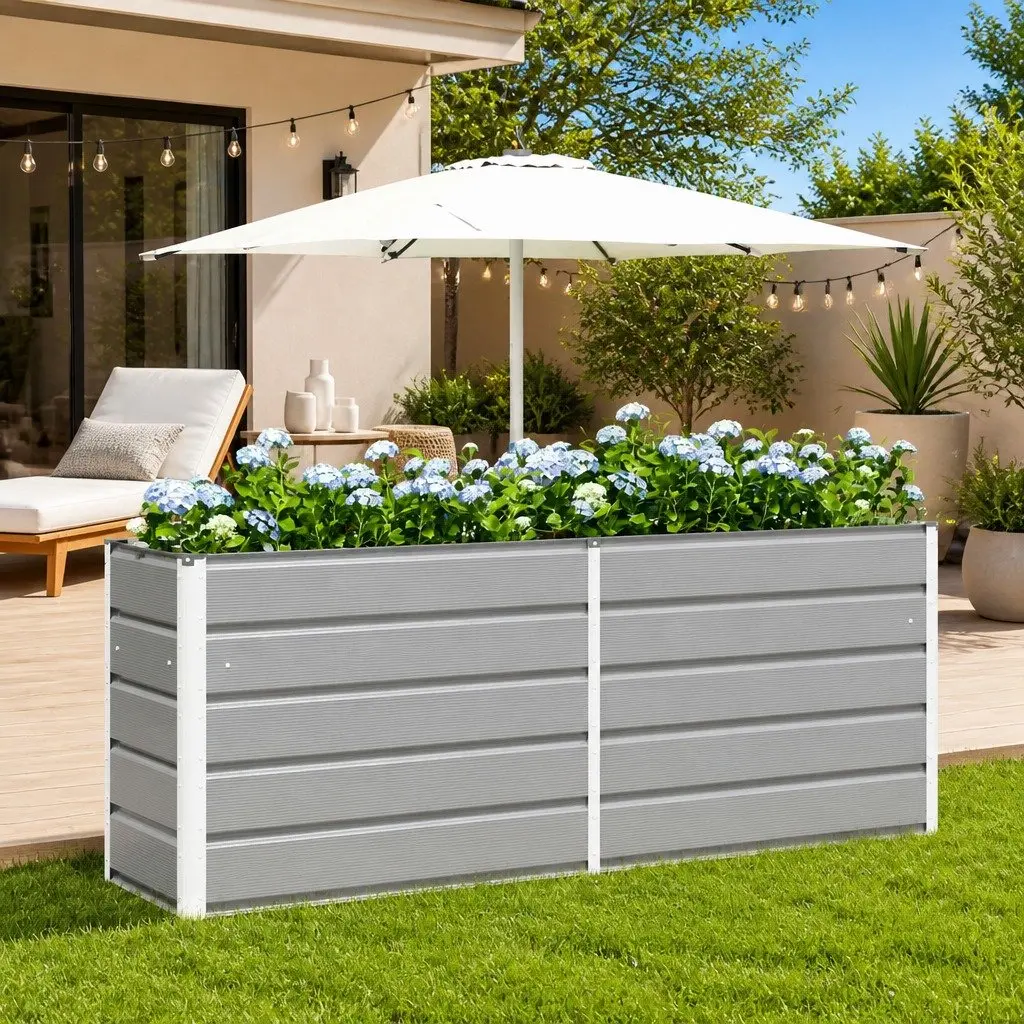 Steel Planter Light Grey 195cm x 50cm x 75cm Galvanised Garden Outdoor