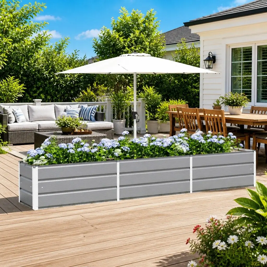 Light Grey Galvanised Steel Planter 290 x 50 x 45 cm Outdoor Garden Raised Bed